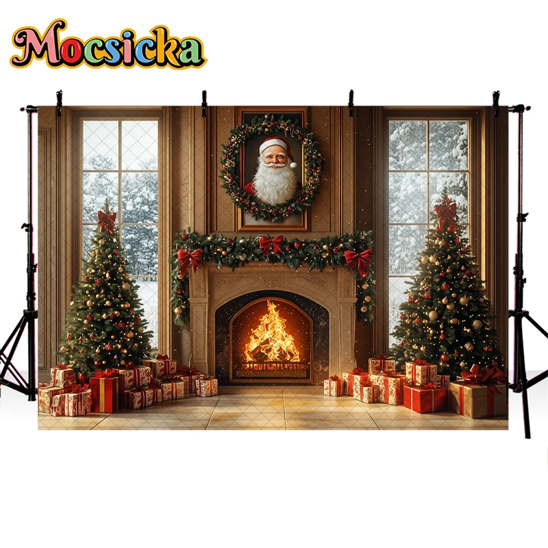 Mocsicka Indoor Christmas Photography Background camino babbo natale Xmas Tree Decor Kids Adult Family Photo Background Studio