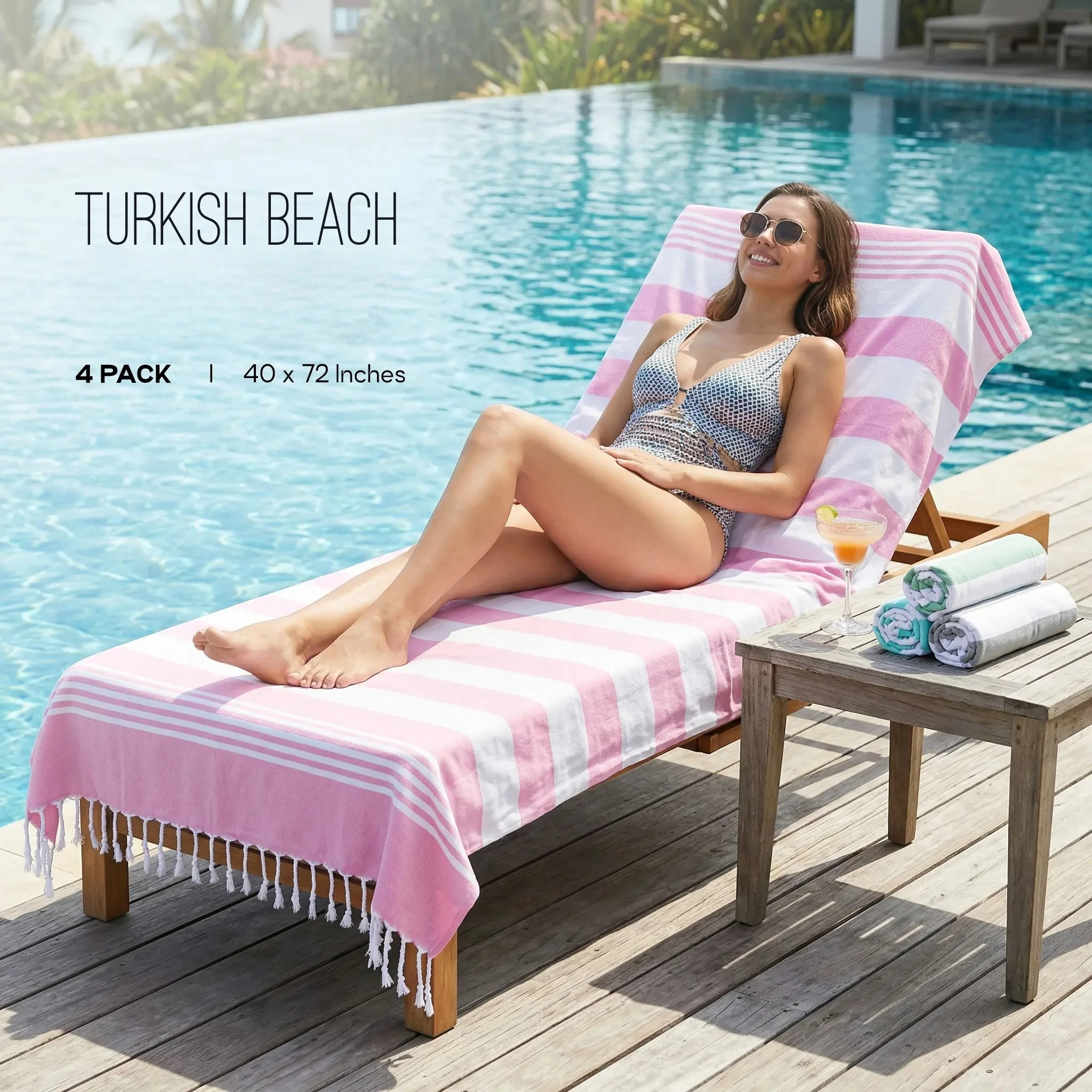 4‑Pack Striped Cotton Beach & Pool Towels, 40×72 In Oversized Lightweight Sand‑Free Fast‑Dry Absorbent Towel Set for Pool, Beach & Bathroom