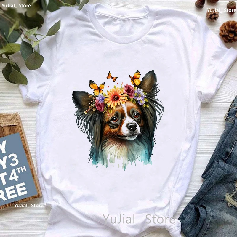 Watercolor Papillon Dog Flowers Butterfly Print T Shirt Girls Summer Fashion Tops Tee Shirt Femme Harajuku Kawaii Clothes