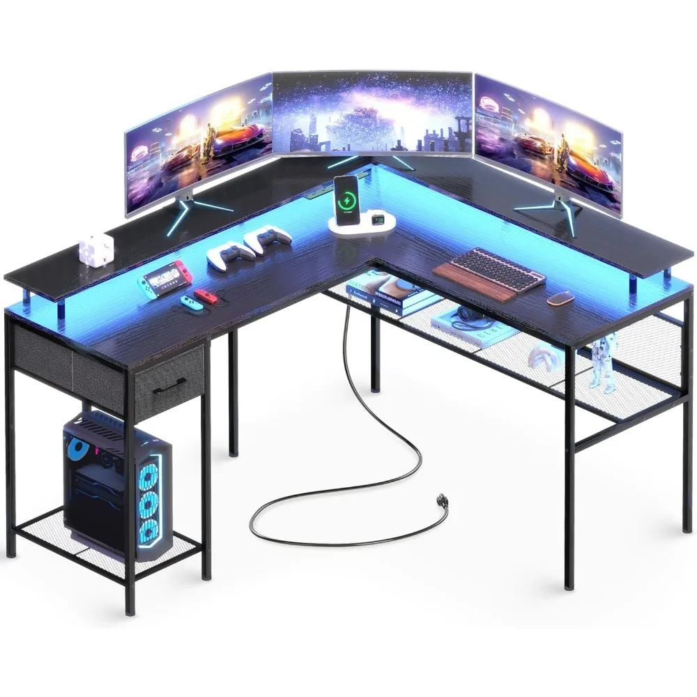 

L-shaped Student School Desk, Computer Desk with LED Lights and Power Sockets, Office School Desk with Storage Rack