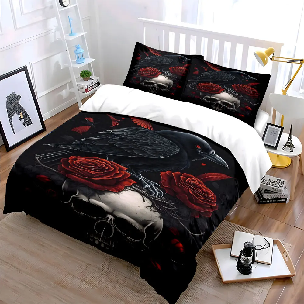 Raven Skull and Crimson Roses Bedding Set for Kids Luxury Gift 3pcs Digital Print Comforter Set Soft Comfortable Breathable