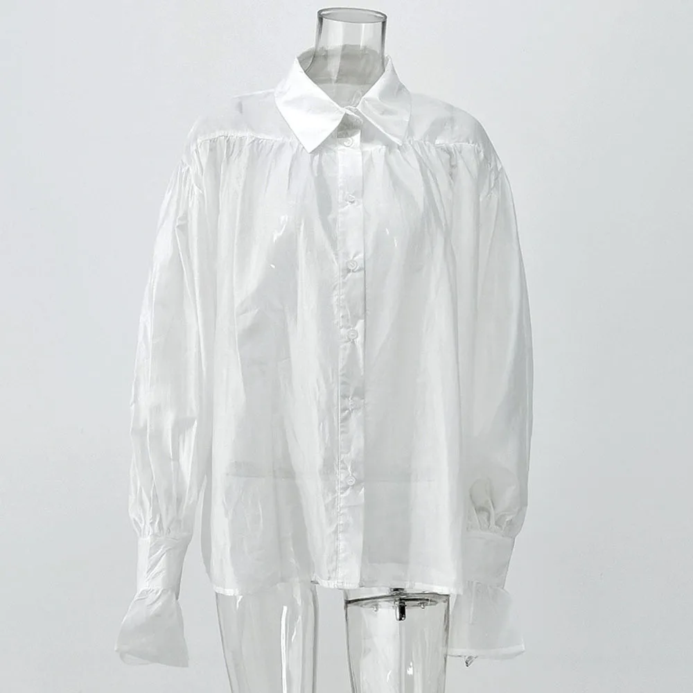 Otoño francés Sexy pura Color sólido ligero camisa de mujer mangas linterna elegante suelto botón solapa blusa Tops de gran tamaño