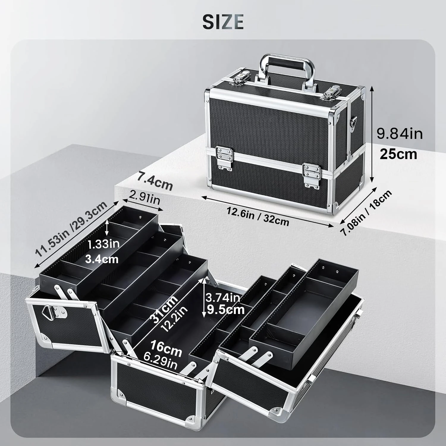 Large Makeup Case Makeup Train Case  Professional Make Up Train Carrying Case 6 Trays Lock Shoulder Strap Hard Vanity Storage