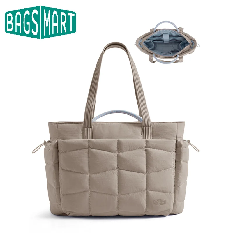 BAGSMART Puffy Tote Bag 20L Large Capacity Water Repellent Shoulder Bag Multi Pockets Work Travel Commuter Bag for Women