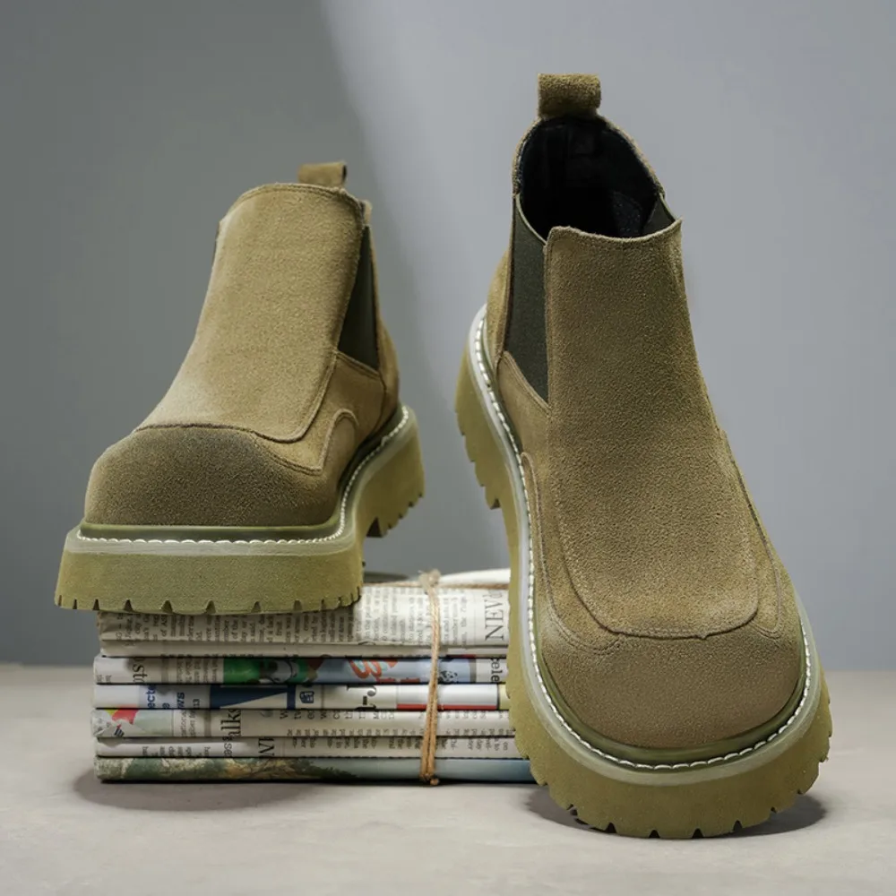 Autumn and winter leather boots outdoor high top casual short boots thick soled fashionable Chelsea boots English riding boots