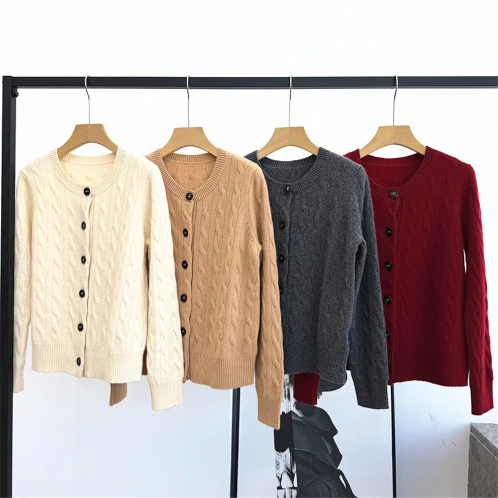 

25 Autumn/Winter New Women's Round Neck Single breasted Long Sleeve Twisted Flower Loose Cashmere Wool Knitted Sweater