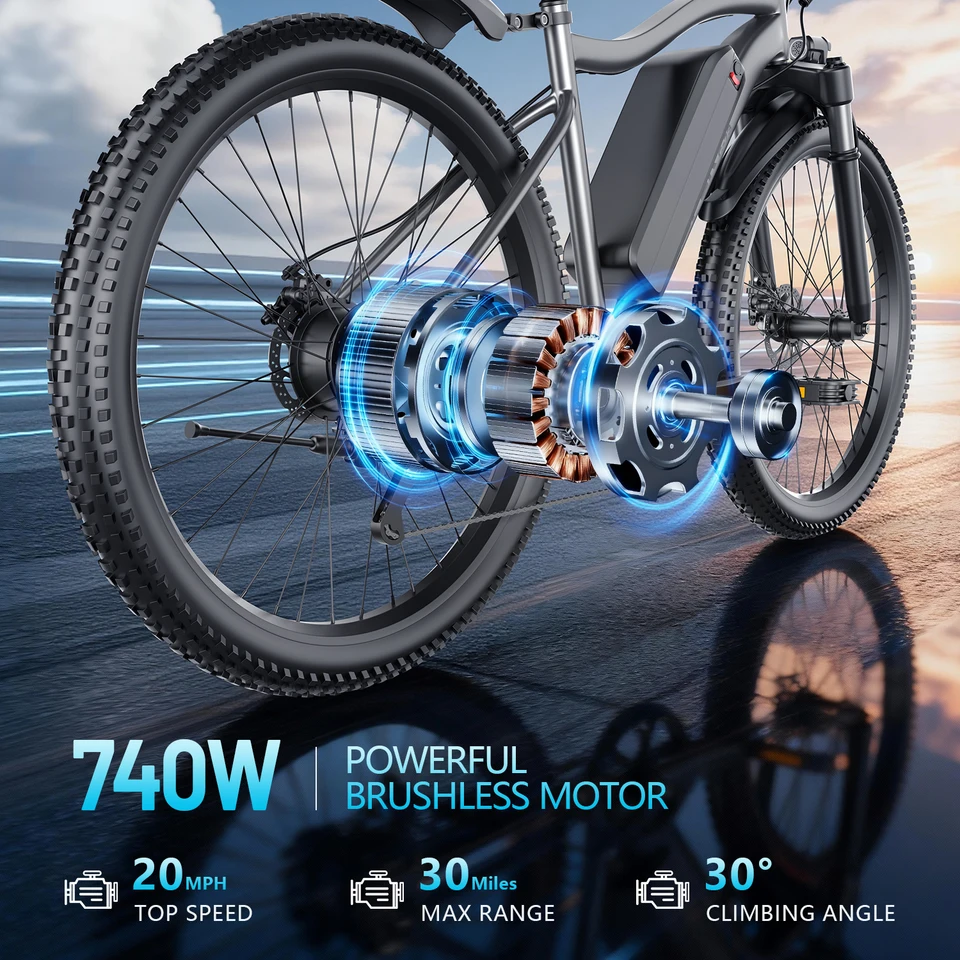 UPlee G73 Adults Electric Bike 740W Motor Electric Bicycle 48V 13AH Removable Battery E Bike 26'Tire Mountain Electric Dirt Bike image 5
