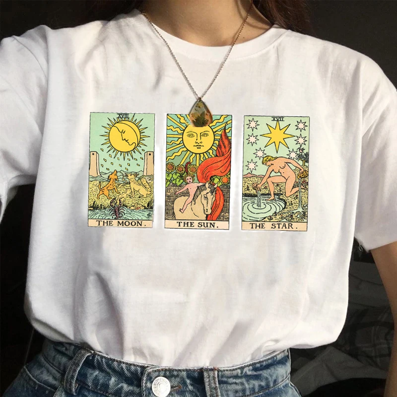 Sun Moon Star Tarot Cards Graphic T-Shirt Vintage Fashion Women\'s Cute Aesthetic Casual Printed Tee Hipsters Witch Shirt