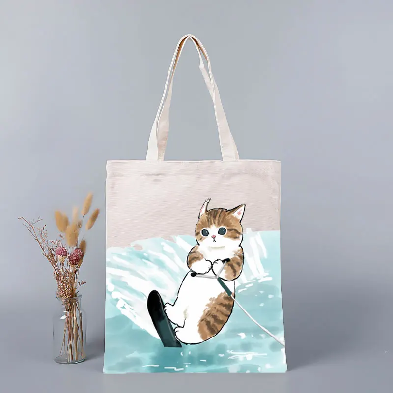 Japanese Cute Cat Print Custom Summer Large Beach Bag Shopper Handbag Girl Canva Shoulder Bag Tote Bag Luxury Designer Purse