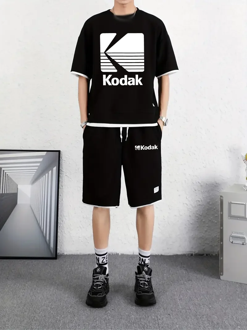 Kodak High Street Letter Print Men's Short Sleeve + Shorts Set - Adult Summer Outdoor Breathable Fitness Loose Two-Piece Set