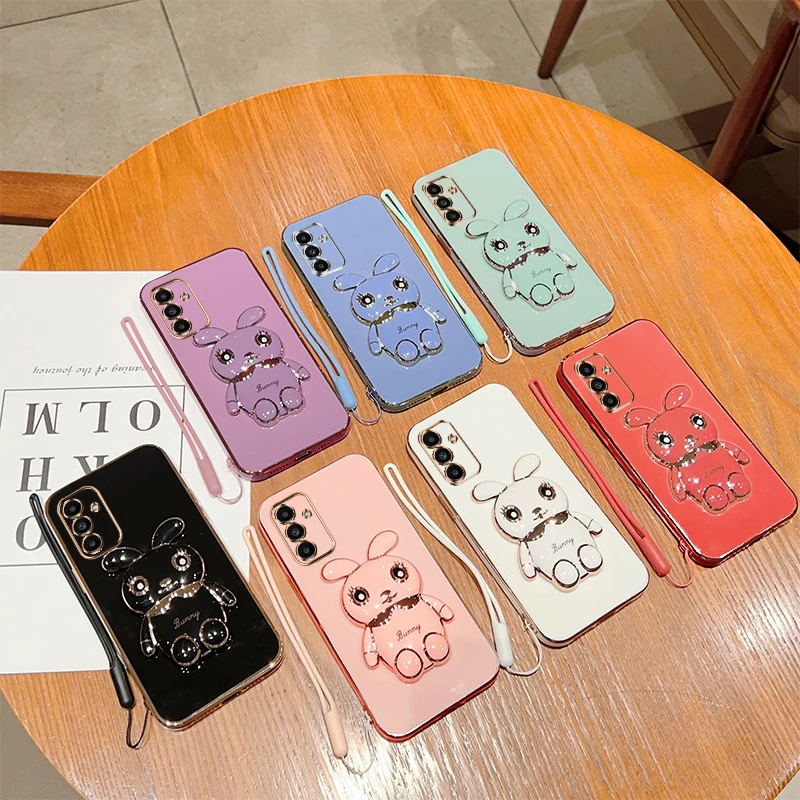 Cute Cartoon Rabbit Fold Stand For Samsung Galaxy A14 5G Phone Case With Lanyard Luxury Plating Cover image 2
