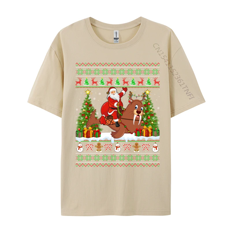 Walrus Xmas Sweater Ugly Santa Riding Walrus Christmas T-Shirts Man Retro Cotton T-Shirts Adult Sweatshirts