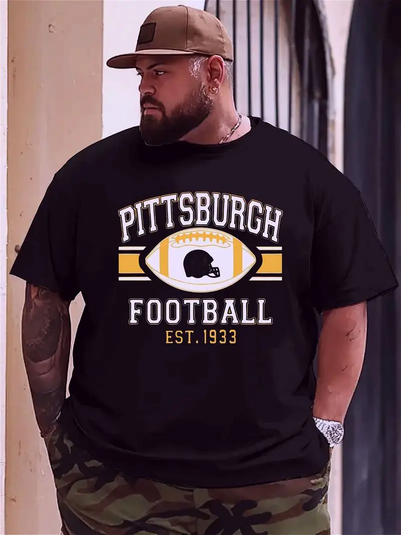 Pittsburgh Football Established 1933 Graphic T-Shirt For Big And Tall Men Casual Black Tee With Unique Helmet Design Game Days