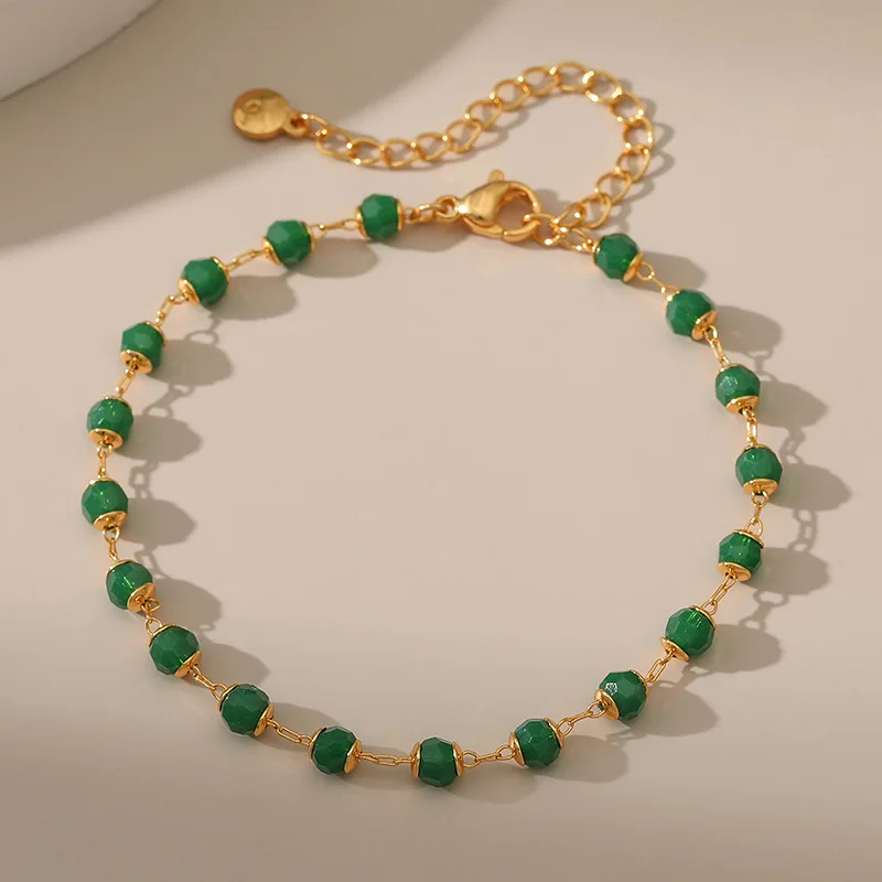 

Gold Color Dark Green Acrylic Beads Design Bracelet White Crystal Red Strand Charm For Woman