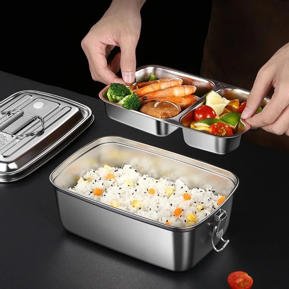 Double-layer Stainless Steel Lunch Box Divided Leak Proof Microwave Oven Lunch Box with Handle Non Slip Fresh Box Camping