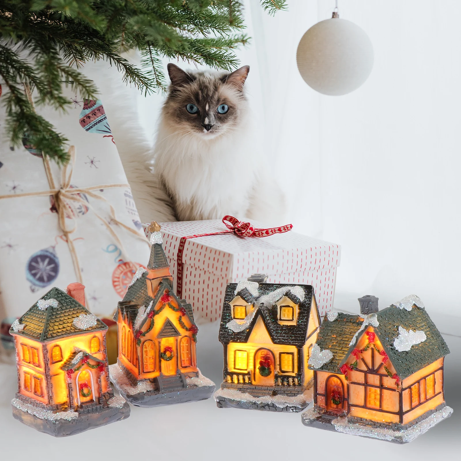 

4Pcs Resin Ornaments Christmas Decorations Mini Luminous Landscape Mini Landscape Decors Micro House Xmas Gifts