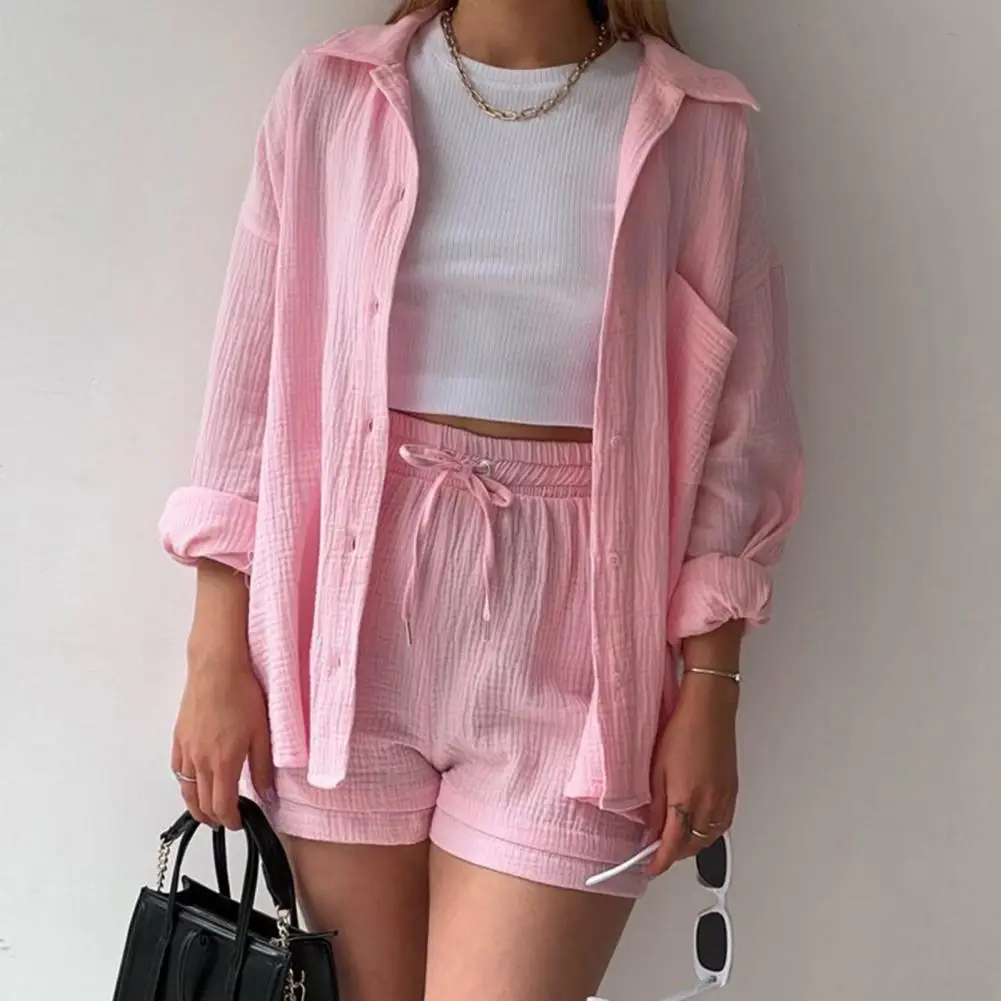 Shirt Shorts Set Pocket Turndown Collar Long Sleeve High Waist Drawstring Solid Color Running Sports Button Front Blouse Shorts