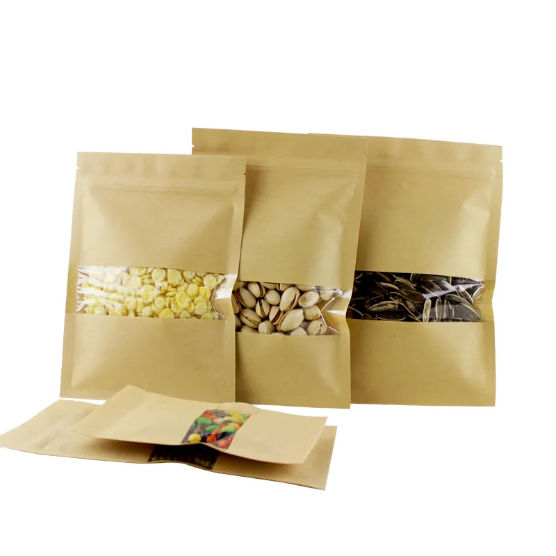 

1000Pcs/Lot Kraft Paper Food Bag with Zip Lock, Reusable Sealing Bag with Clear Window for Storing Cookie Dried Food Snack