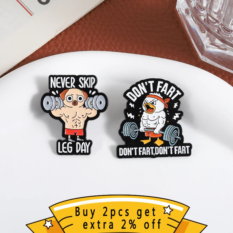 Funny Fitness Animal Enamel Pins Muscle Dog Duck Dumbbell Gym Text Decorative Fun Fitness Badge Unisex Daily Accessory Gift