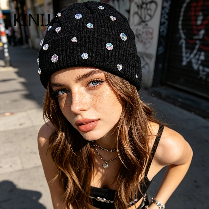 Winter Knit Women Beanie Hat Rhinestone Decor Cuffed Skull Cap Elastic Warm Soft Knitted Hat Ladies Headwear Warm Bonnet