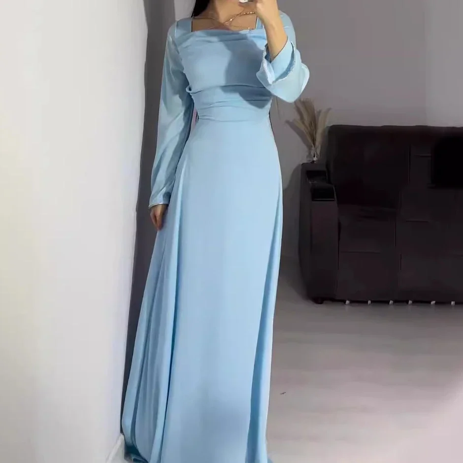 Women Dress Slim Blue Long Dresses Square Collar Long Sleeve Sexy High Waist Floor Length Vestidos Party Elegant Splice Summer