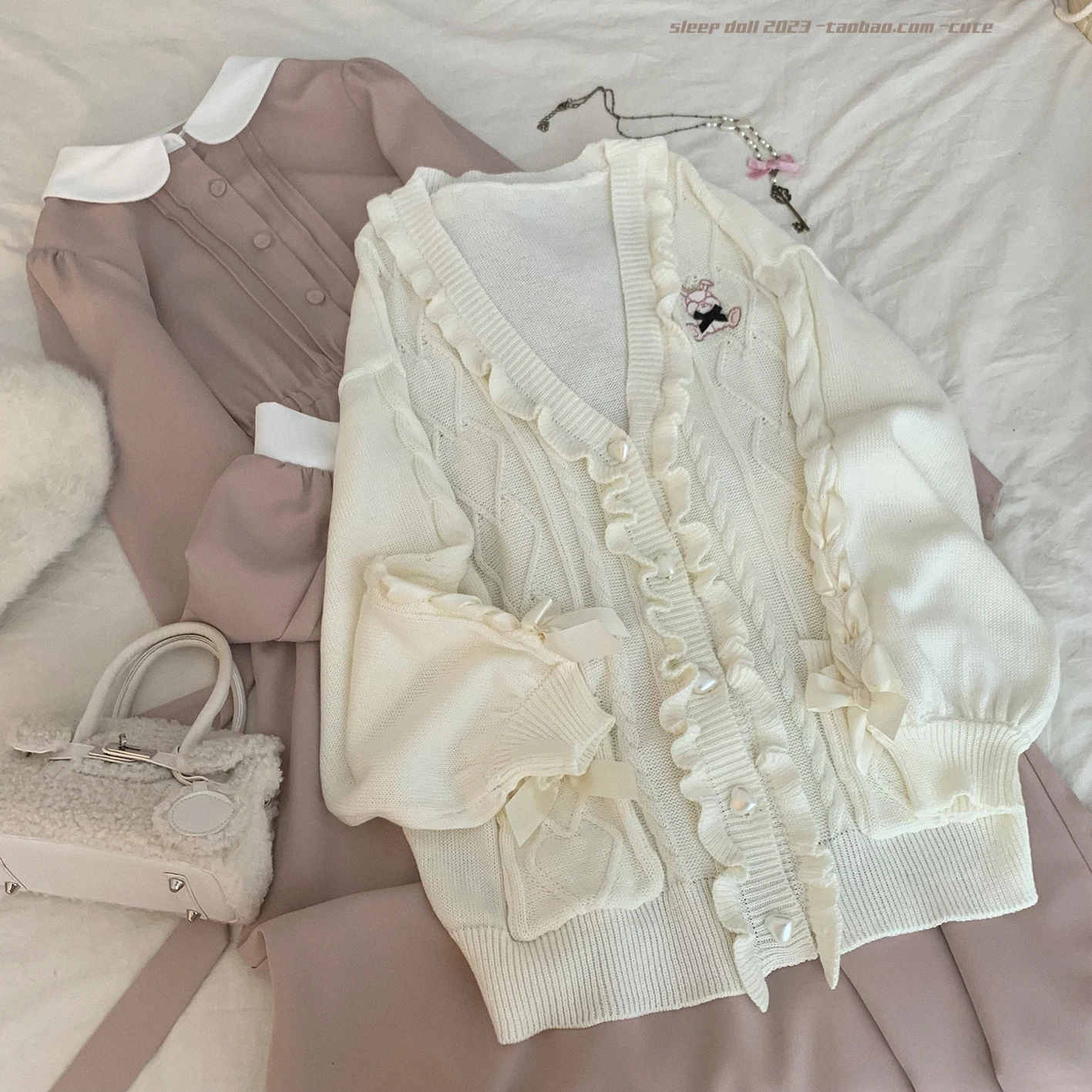 Sweet Ruffles Love Button Strap Bow Rabbit Embroidery Knit Cardigan Woman 2023 Autumn New Cute Girl Long Sleeve Knitted Cardigan