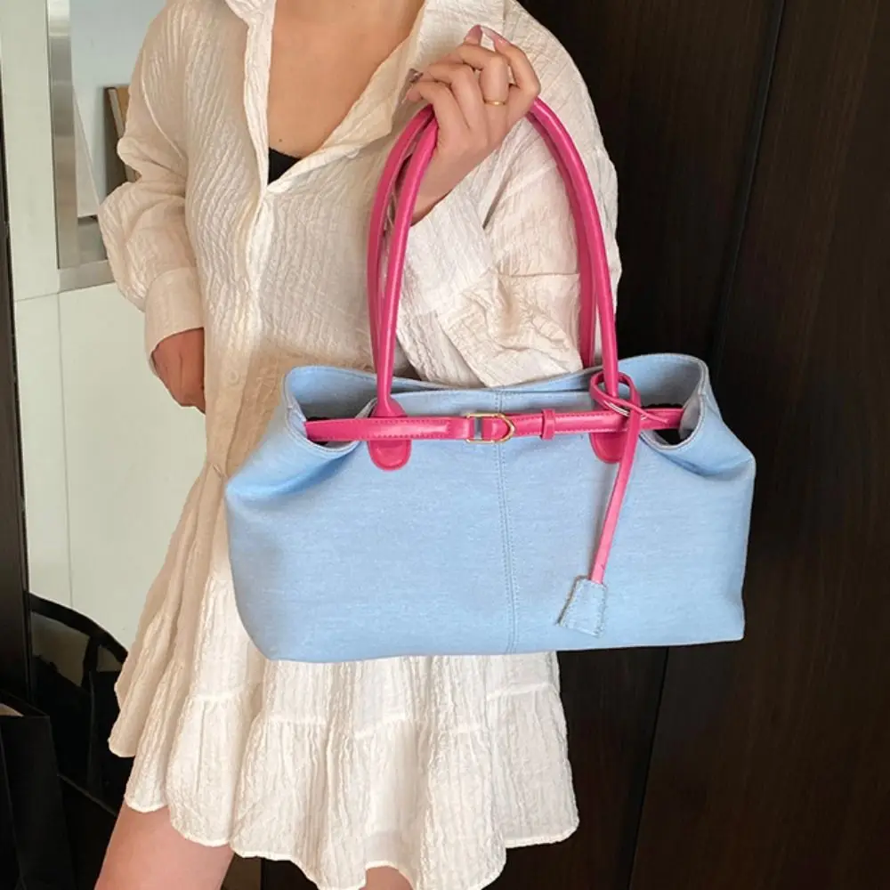 

Fashionable Hasp Closure Denim Shoulder Bag Patchwork Color Elegant Vintage Armpit Bag Chic PU Casual Tote Bag Students