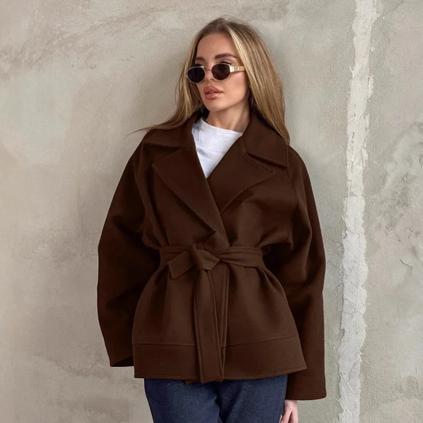 Winter loose women's coat fashionable retro strap brown woolen coat women's French commuting medium long woolen coat
