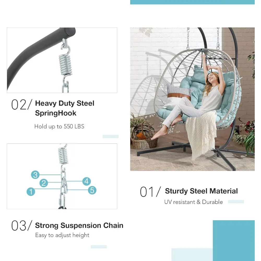 2 Persoons Dubbele Ei Schommel Stoel Met Standaard Indoor Outdoor, Patio Rieten Rotan Hangende Eierstoel W/Kussen, Kussen