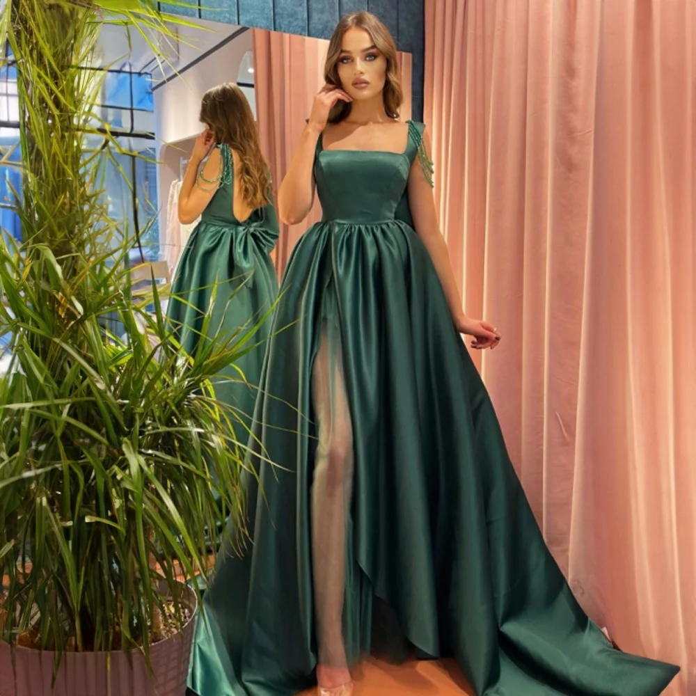 

Spaghetti Straps Boat Collar Evening Dresses for Women A-line Side High Split Satin Bow Evening Gown Court فساتين طويلة