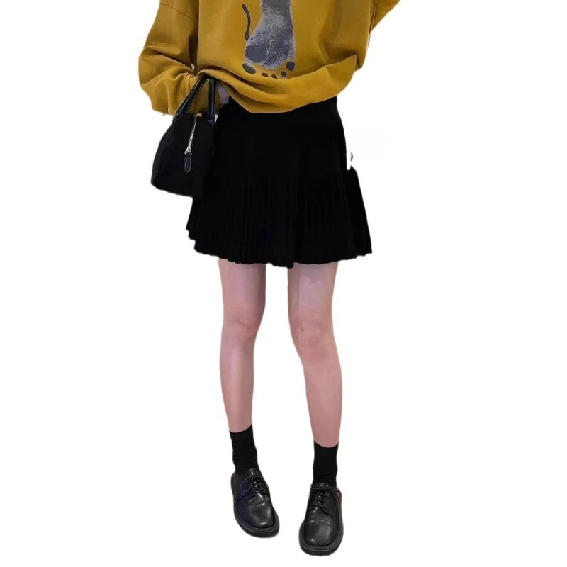 

2025 New Casual Spring Autumn High-waist A-line Skirt Women Knitted Pleated Shirts Women's Solid Color Preppy Style Mini Skirts