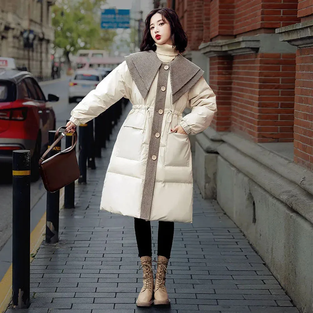 

Winter Solid Color Womens White Duck Down Coats Sweet Bilayer Peter Pan Collar Jackets For Women Thicken Warm Long Snow Outwear