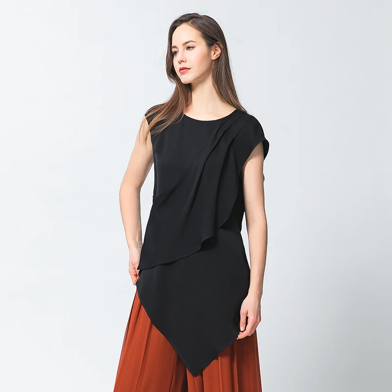 

Love Silk Simple Ropa Mujer Loose Leaf Tops Y2k Aesthetic Summer Short Sleeves O-Neck Asymmetrical Black Woman Tshirts BY039