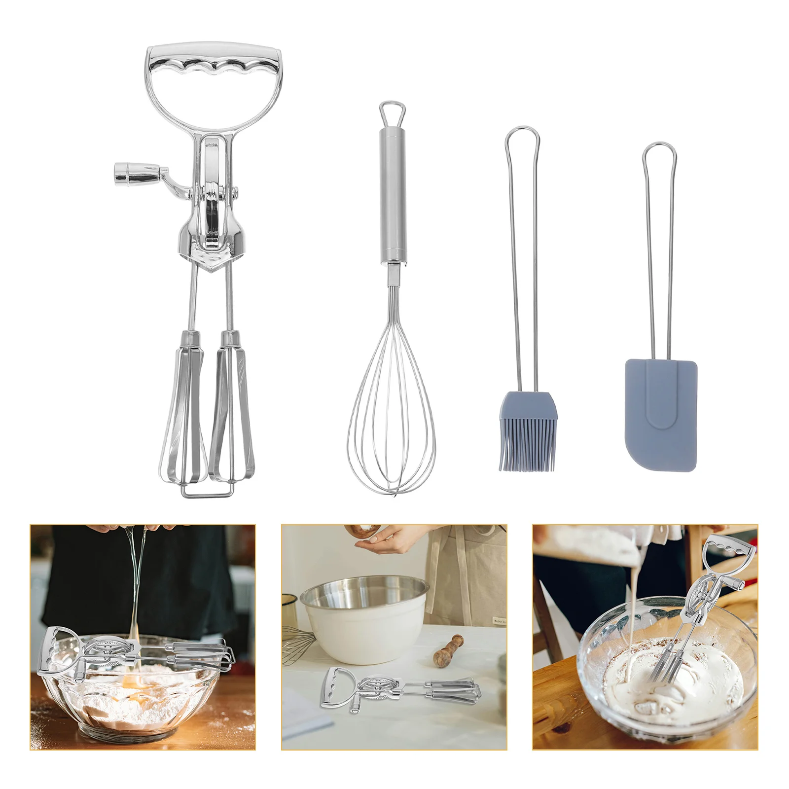 

4Pcs Baking Tools Set Rotary Hand Mixer Stainless Steel Egg Whisk Heat Resistant Silicone Brush for Butter Pastry Cooking