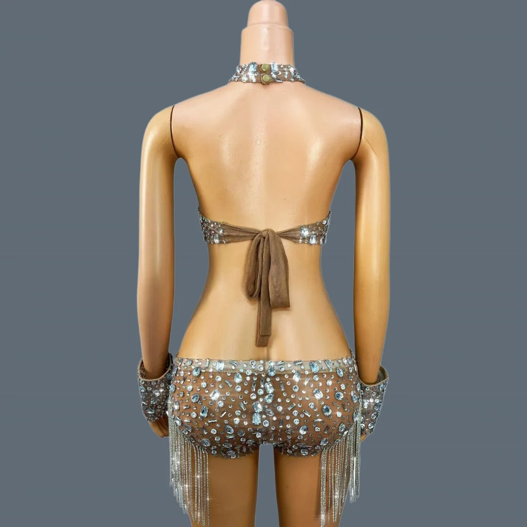 Light Blue Rhinestone Halter Mesh Bodysuit Deep Cutout Side Fringe Shorts Rhinestone Cuffs Stage Performance Outfit Xingluobing