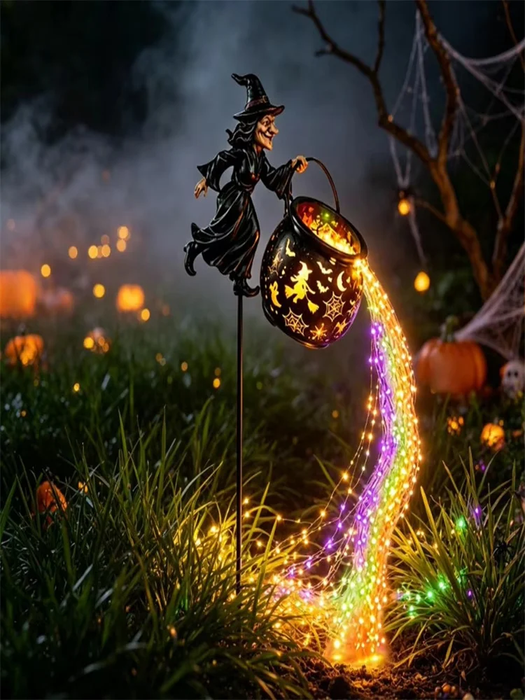 Magiczny Latający Kocioł Gnoma, Oświetlenie Ogrodowe LED, Dekoracje na Halloween na Zewnątrz, Fantazyjna Statua Gnoma, Ozdoba na Patio i Podwórko — 2
