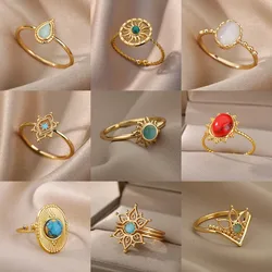 Stainless Steel Opal Stone Sun Rings For Women Men Star Wedding Couple Rings Aesthetic Finger Summer Jewelry Accessories Gift