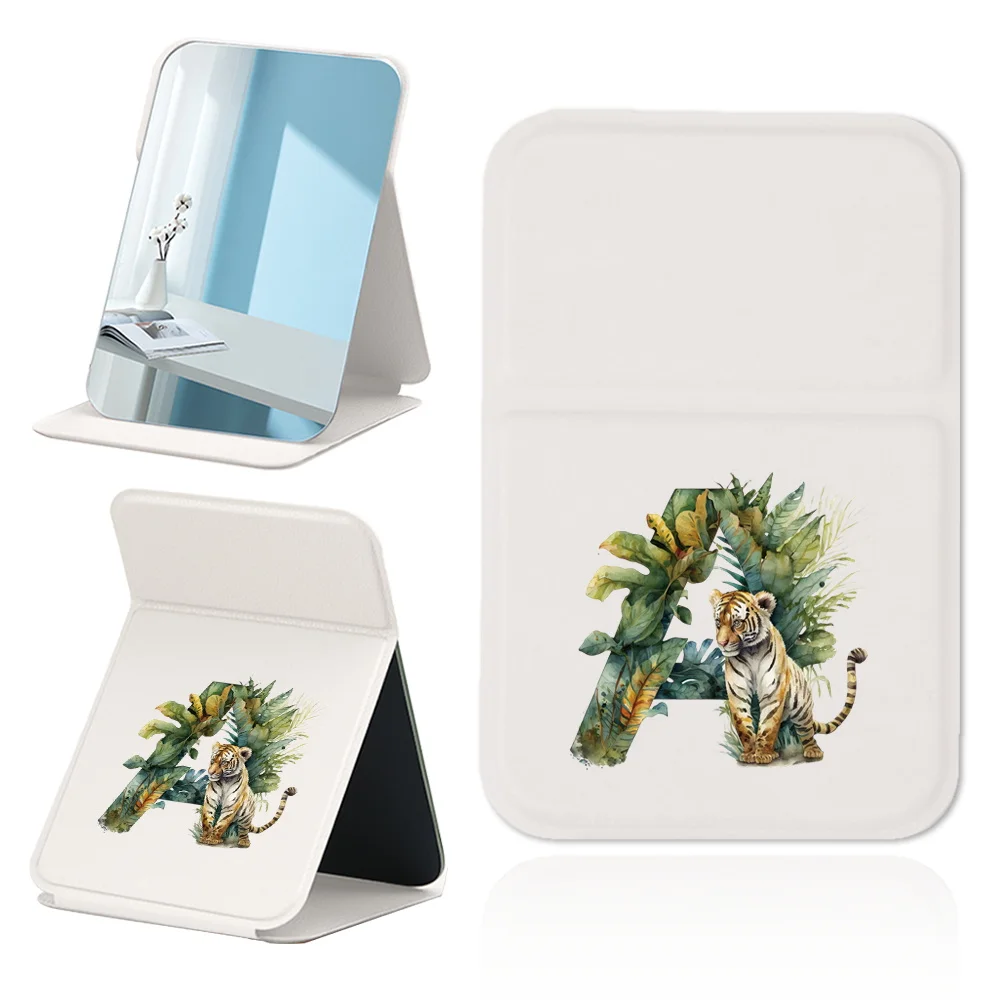 Pocket Pu Compacte Cosmetische Spiegel Creatieve Desktop Make-Up Spiegel Gepersonaliseerde Opvouwbare Make-Up Spiegel Jungle Tijger Letter Patroon