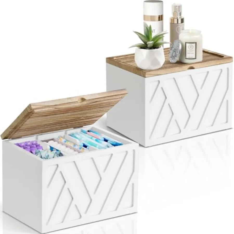 

2 PCS White Tampon Holder for Bathroom Decor Feminine Product Organizer With Lid Shark Week Storage Wood Pad Box for Toilet Bat