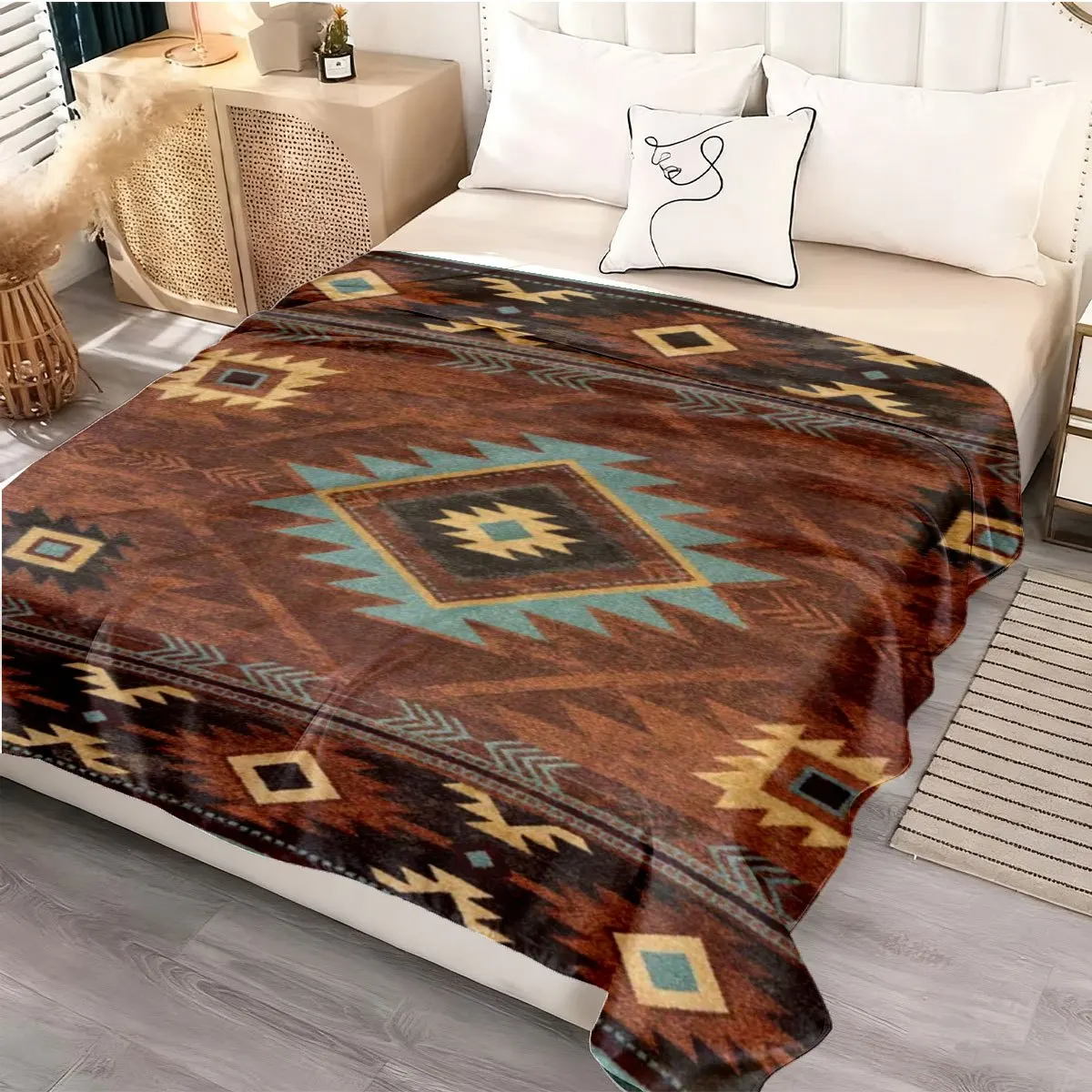 Premium Southwestern Boho Geometric Tribal Throw Blanket Cozy Aztec Pattern Knit Decorative Couch Cover for Sofa and Home Decor