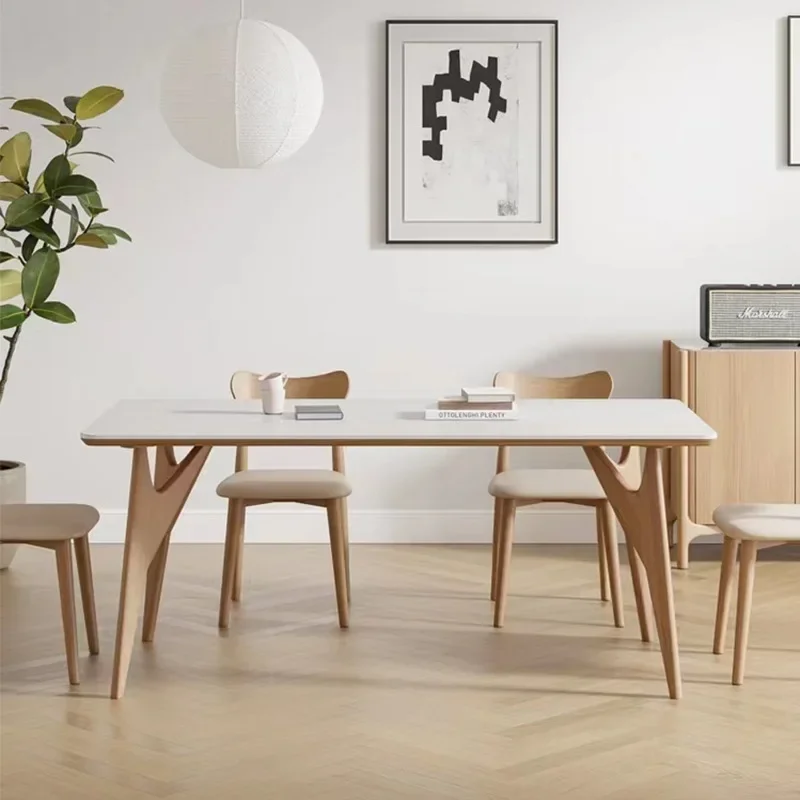 solid wood rock slab dining table, ash wood, log color, modern     apartment household rectangular dining table and chairs