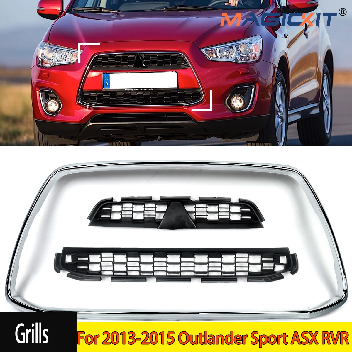 Front Bumper Lower Upper Grille Trim Set 3pc For13-15 Outlander Sport ASX RVR