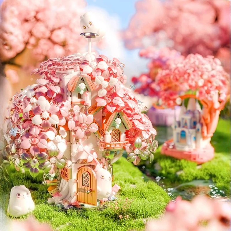 مكعبات بناء مجتمع ضوء القمر بيت شجرة ساكورا DIY لعبة تجميع إبداعية هدية عيد ميلاد حالمة للفتيات