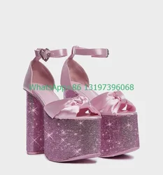 Lady pink sequins design platform Y2K sandals bowtie design buckle strap peep toe cover heel causal daily dress pumps footwear