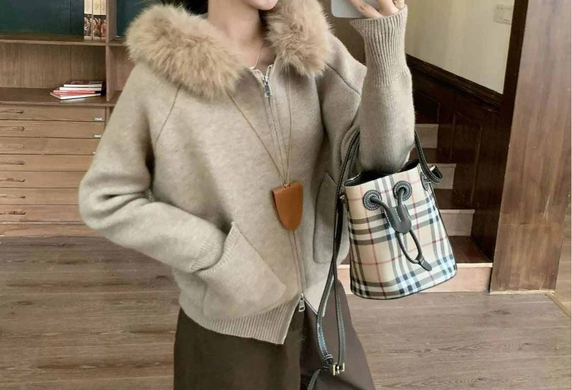 

Vintage Hooded Fur Collar Temperament Long-sleeved Khaki Sweater Jacket Women's Winter Loose Casual Knitted Top