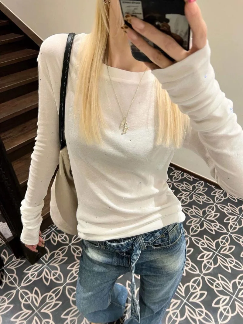 2024 Summer New Women's T-shirt Fashion Simple Basic Round Neck Pure Cotton Long Sleeve Hot Diamond Top Base Shirt 4 Colors