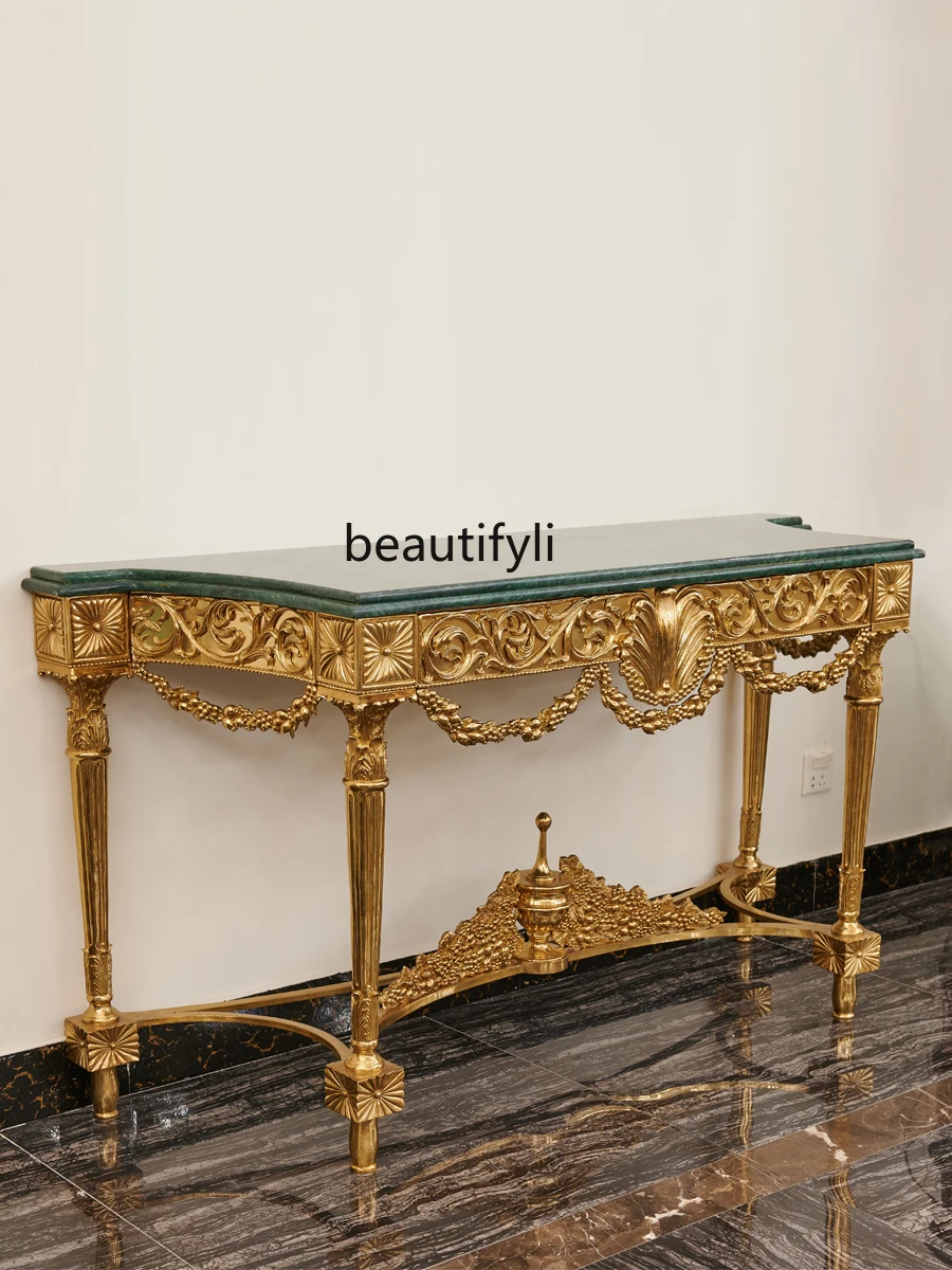 French Luxury High-End Retro Big Green Flower Marble Top Copper European Style Console Table