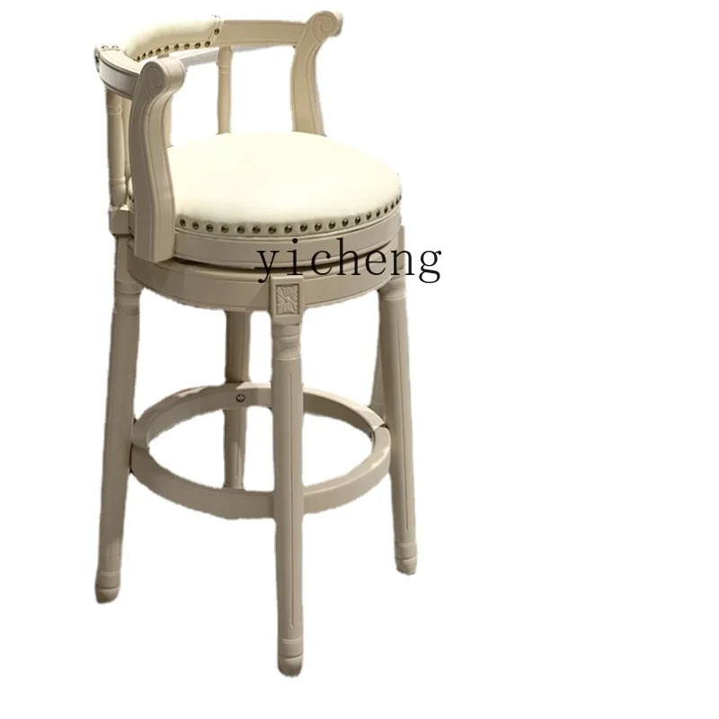 ZK Solid Wood Backrest Bar Stool American Retro High Stool Leather Rotating Bar Chair