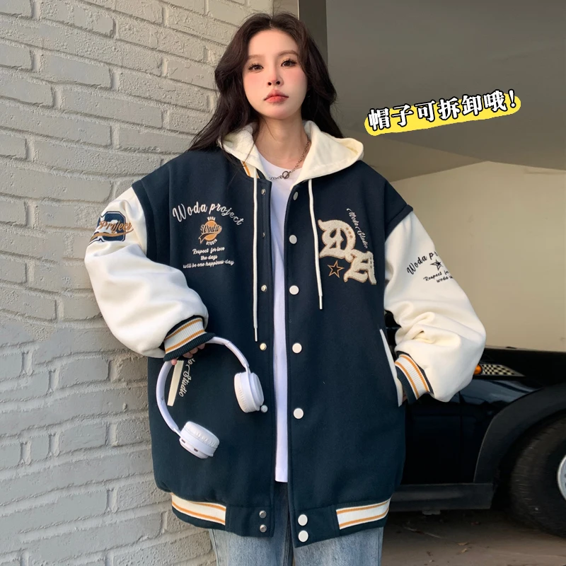 

Baseball Jackets Varsity Womens Winter Padded Bomber Shearling Long-Sleeved Windproof Teenagers Tie-Dye Embroidery Edgy Suede OL