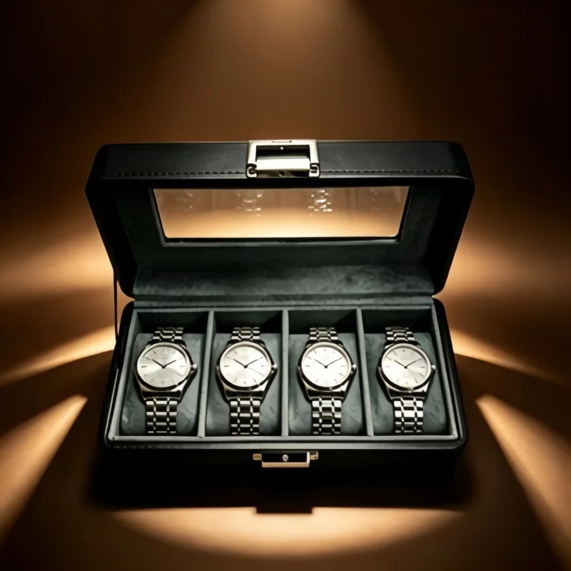 4 Slot Watch Organizer Box + Self-Closing Storage Pouch 2Pcs Set, Portable Leather Watch Display Case for Home Travel